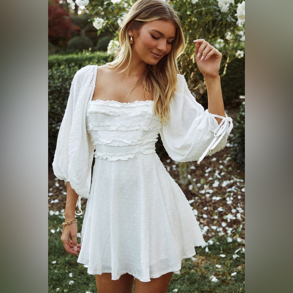 Indikah Illia 3/4‎ Balloon Sleeve Frill Bodice Midi Dress Cream White Size XS